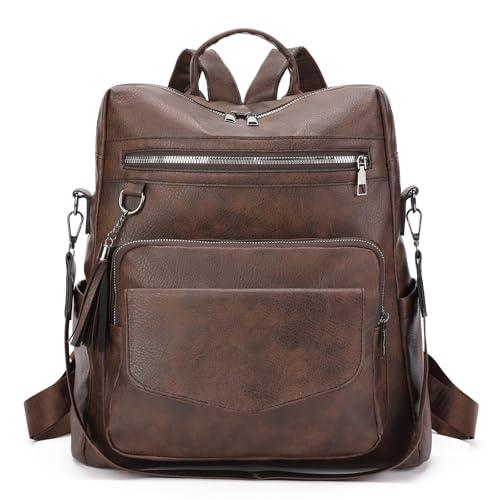 GAEKEAO Women Backpack Purse PU Leather Anti-theft Large Fashion Designer Travel Bag Ladies Satchel Bags with Zipper Tassel, 13.26"L x 6.24"W x14.04"H, B03 Coffee