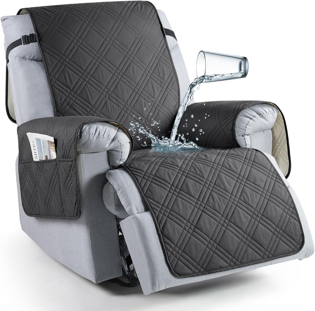 TAOCOCO Waterproof Recliner Chair Covers 30 Inch Wide, Oversized Recliner Covers for Recliner Chair with Pocket, Recliner Slipcovers with Straps Furniture Protector for Kids Pets (30'', Charcoal Gray)