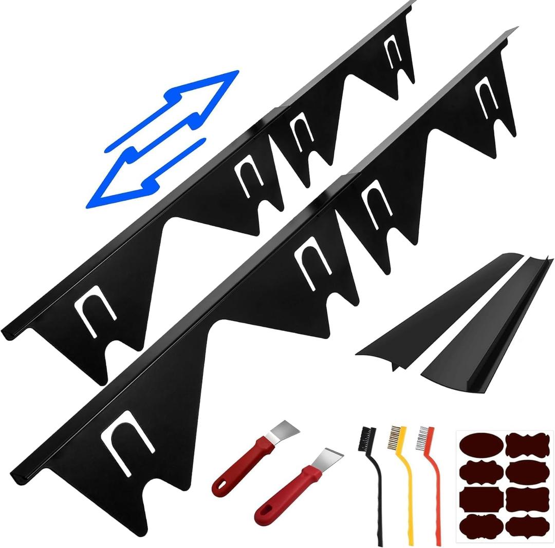 Stainless Steel Stove Gap Covers,Stove Gap Filler,Stove Gap Guards,Range Trim Kit,Easy Clean and Heat Resistant, Stretchable Length 13.8" to 27.5",Width 0.79",Black(2PCS),with Accessories