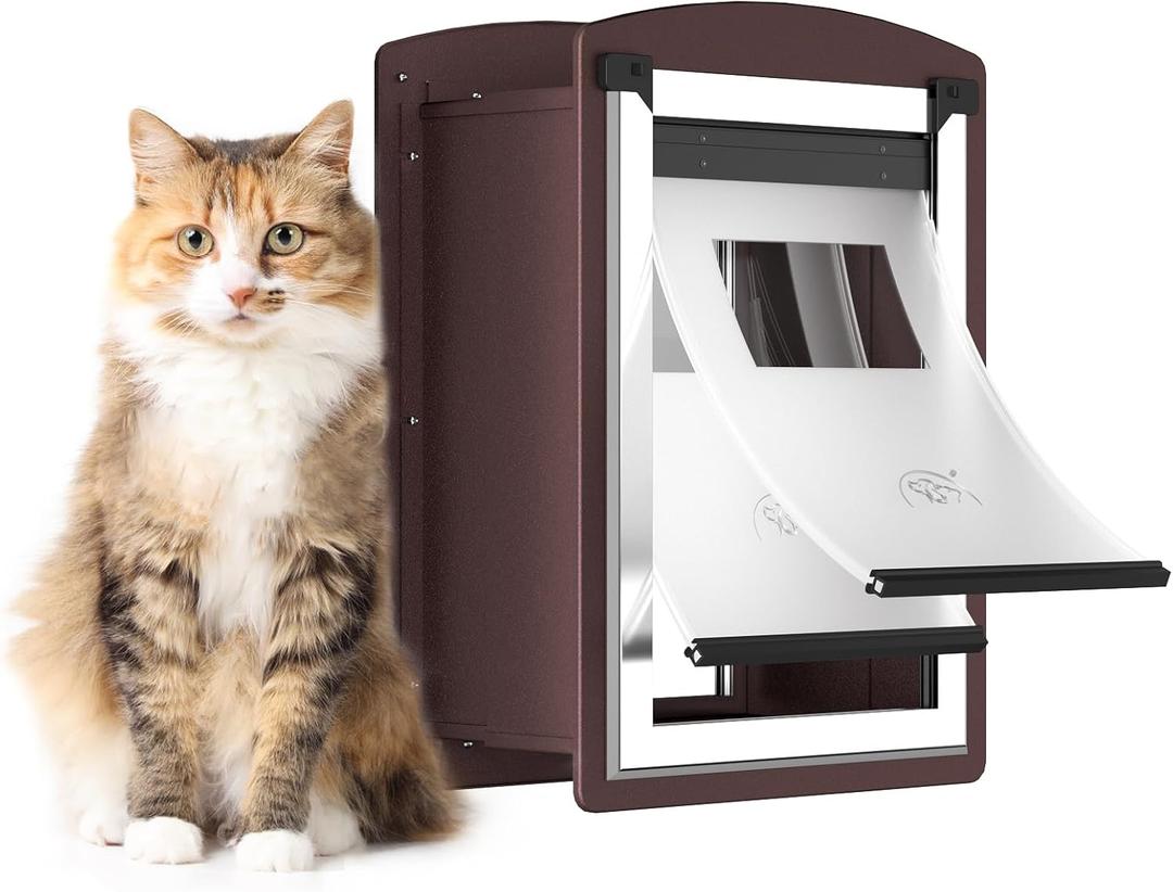 Cat Door for Wall, Cat Door for Interior and Exterior Wall, Pet Door with Double Magnetic Flaps, Double Lock Panels, Steel Frame and Telescoping Tunnel, Small, Coffee Color