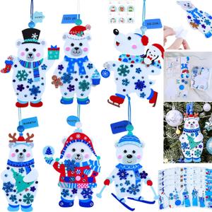 Winlyn 24 Sets Winter Decorations DIY Polar Bear Ornaments Christmas Craft Kits Foam Polar Bear with Snowflake Foam Stickers for Kids Holiday Seasonal Gift Home Classroom Activities Party Favors