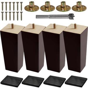 VASGOR Set of 4 Wood Furniture Legs (Drill Bit Included) - Square Sofa Legs, Couch Leg - Brown Mid-Century Modern Replacement Legs for Armchair Recliner Coffee Table Dresser (6")