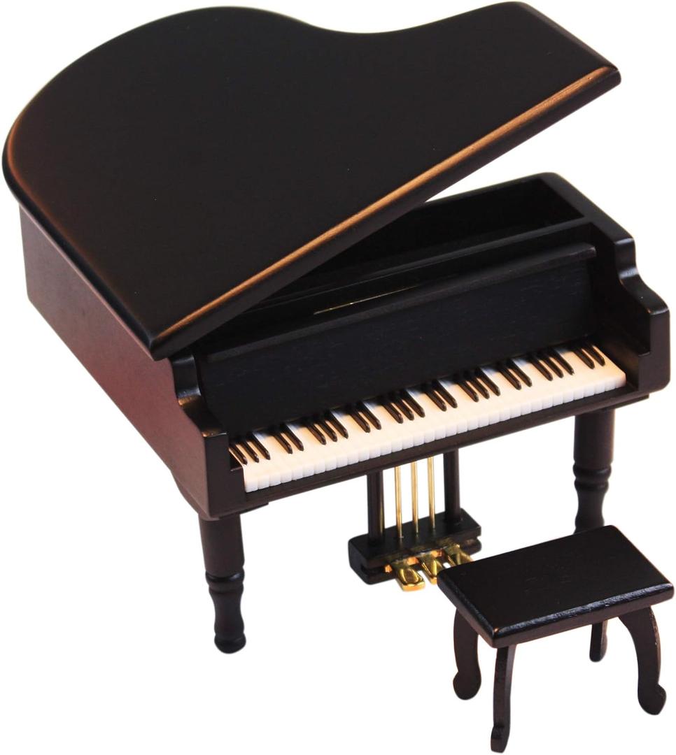 ANGEL MELODY Wooden Grand Piano Music Box Mechanism with Bench and Metal Pedal, Ring Storage Box Wind up You are My Sunshine Musical Boxes Birthday Gifts for Her, Kids, Daughter, Boys, Girls, (Black)