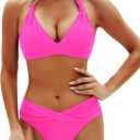 Yonique Women Two Piece Bathing Suits Push Up Bikini Set Halter Swimsuit Vintage Swimwear (Medium, Hot Pink)