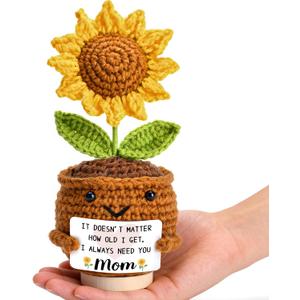 OEAGO Gifts for Mom Mothers Day: from Daughter Son Kids Mini Gifts for Mom Mama Handmade Crochet Cute Small Sunflowe Doll Gift with Base Birthday Present Idea for Mother Knitted Decor 6.69 x 2.75inch