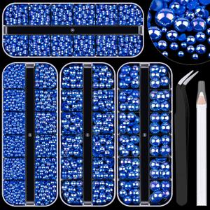 4 Boxes Flat Back AB Pearls Kit 6 Flatback Royal BlueAB Half Round Pearls 3-10mm with Pickup Pencil and Tweezer for Home DIY and Professional Nail Art, Face Makeup and Craft