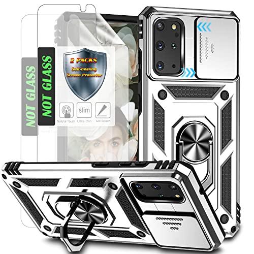 AYMECL for S20+ Phone Case,Galaxy S20 Plus Case with 2 Pcs Self-Healing Film,Slide Camera Cover Protective Case with Magnetic Ring Kickstand for Galaxy S20+ Plus 5G,Silver