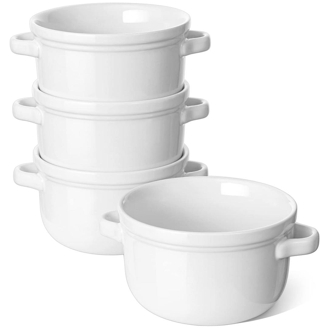 I Soup Bowls With Handles 28 oz, French Onion Soup Bowl for Chili, Beef Stew, Cereal, Ceramic Soup Crocks oven Safe, Microwave Dishwasher Safe - 5.5 inch, Set of 4, White