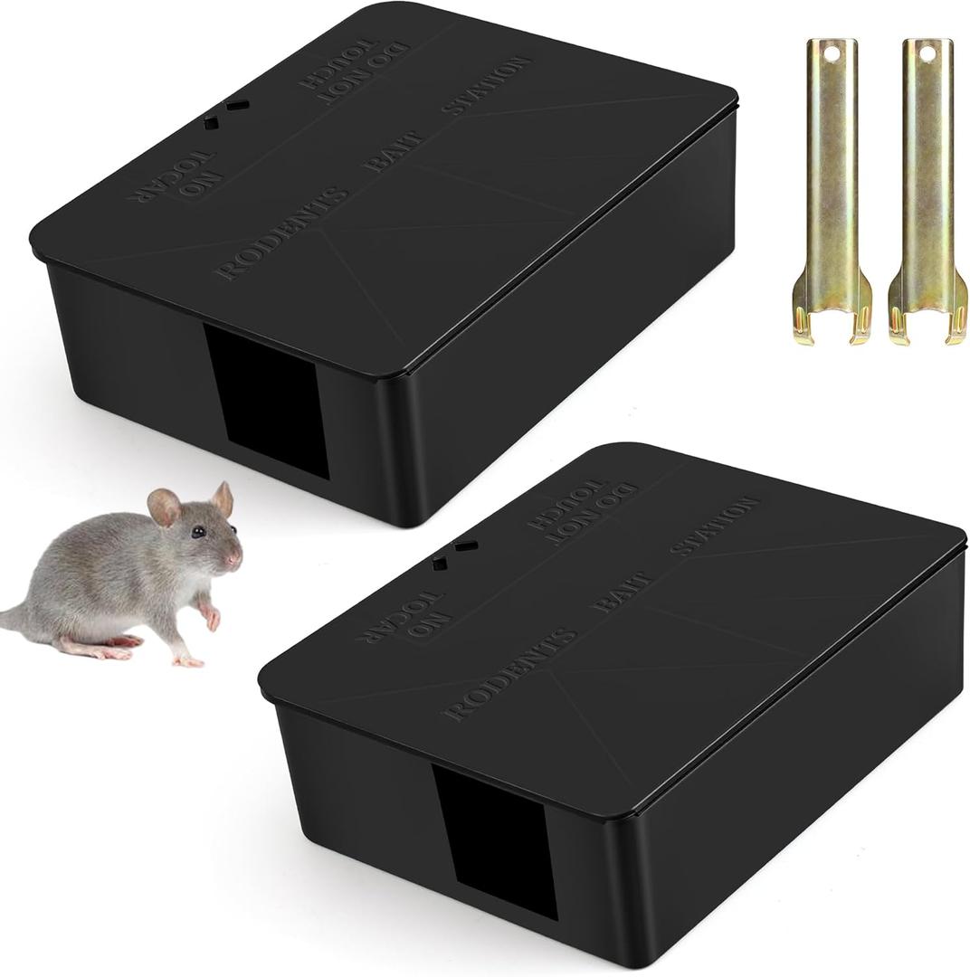 2 Pack Rat Bait Station Traps - Reusable Rodent Stations for Indoor Outdoor Garden Warehouse Garage, WeatherResistant Mouse Station Box to Fix Bait Block Keeps Rats Away Pets Safe, Dual-Entry Tunnel