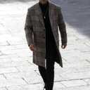 Uaneo Mens Winter Trench Coat Notched Collar Single Breasted Plaid Mid Long Peacoat Overcoats with Pockets (Brown, M)