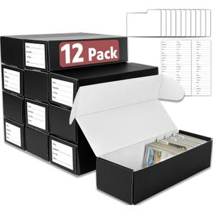 AZEN 12 Pack Trading Card Storage Box, Hold 11000+ Standard Trading Cards, Cardboard Storage Box with 20 Dividers and 12 Labels for Sports TCG Magic Mtg Card