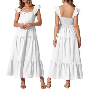 Women's Summer Sleeveless Ruffle Dresses 2024 Square Neck Smocked Backless Boho Flowy Beach A-Line Maxi Sundress