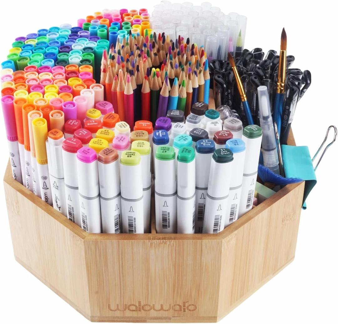 walowalo Bamboo Rotating Art Supply Organizer Holds 800+ Pencils Spinning Crayon 160 Marker Organzier Holder Christmas Gift Desk Brush Storage for Office Classroom Organization Stationary (Larger VER) (Wood)