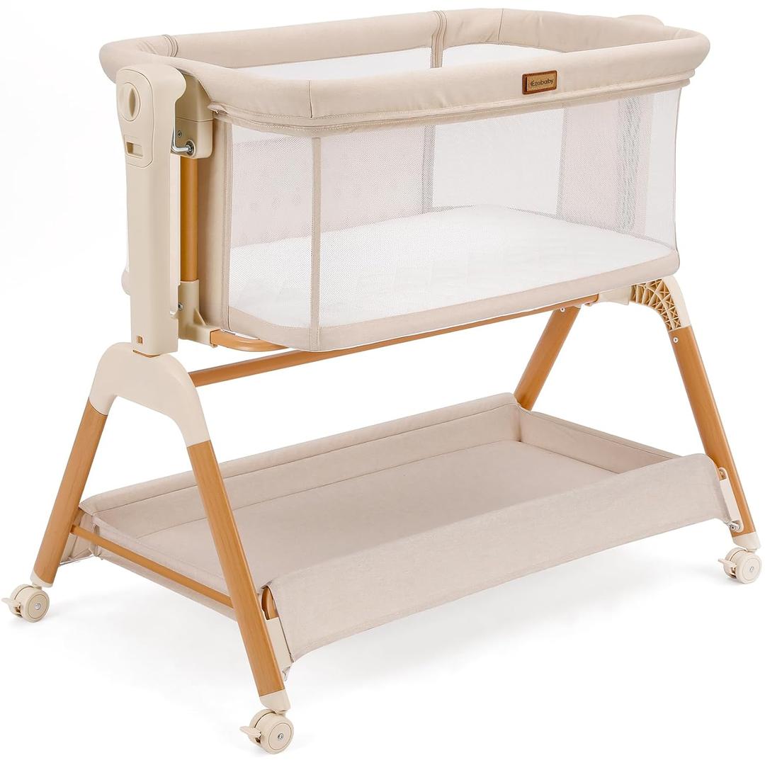 Ezebaby Baby Bassinet Bedside Sleeper: 3-in-1 Rocking Bassinet for Baby - Breathable Full-Mesh Crib with Mattress | 6 Height Adjustable | Portable Crib with Lockable Wheels for Newborns (Beige)