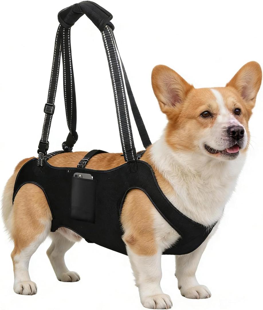 Dog Lift Harness with Pocket Full Body Dog Harness with Adjustable Handle Dog Carrying Sling Pet Legs Support Sling for Senior Dogs Joint Injuries Post Surgery Recovery Hiking (Large,Black)