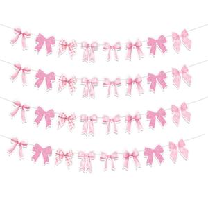 Neyeidru Bow Birthday Decorations Banner - 4Pcs Pink Bow Banner for Coquette Birthday Decorations Bow Garland Bunting for Girls Bow Party Decor Favor Supplies
