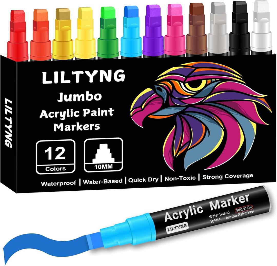 12 Colors Jumbo Markers, 10mm Jumbo Felt Tip, Acrylic Paint Pens Markers for Rock Painting, Poster, Stone, Ceramic, Glass, Wood, Canvas