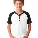 LessonZoo Boys Henley Raglen Shirts, White/Black, 11-12 Years (White)