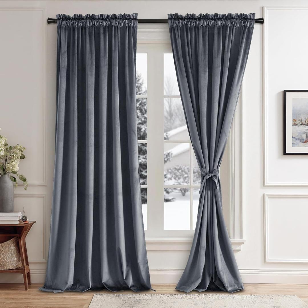 JIUZHEN Dark Grey Velvet Curtains 108 inches for Living Room Thermal Insulated Light Blocking Window Drapes for Bedroom/Dining Room, Set of 2 Panels, W52 x L108 inches, Dark Grey