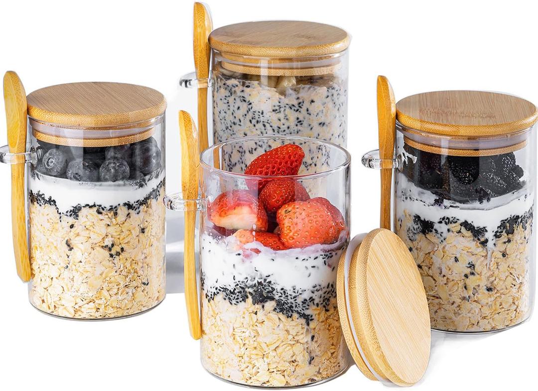 MHDCLY Overnight Oats Containers with Lids, 16oz Overnight Oats Jars 4 Pack, Oatmeal Cups, Meal Prep Containers, Glass Meal Prep Containers with Lids, China Pudding Jars