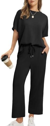 SAMPEEL Two Piece Sets for Women Summer Outfits Oversized Wide Leg Crop Pants Lounge Sets Airport Beach Vacation Clothes Black L