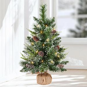 deeinglif 2ft Mini Christmas Trees 24" with LED Lights and Pine,Tabletop Branches Cones and Cloth Bag Base Home Party Dining Room Window Decoration for Christmas