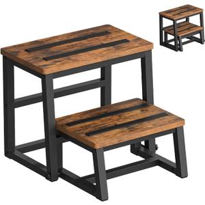HOOBRO Step Stools for Kids, 3-in-1 Heavy Duty Sturdy Wooden Two Step stools, Metal Frame with Non-Slip Pads for Kitchen/Bathroom/High Beds, Rustic Brown and Black BF26JD01