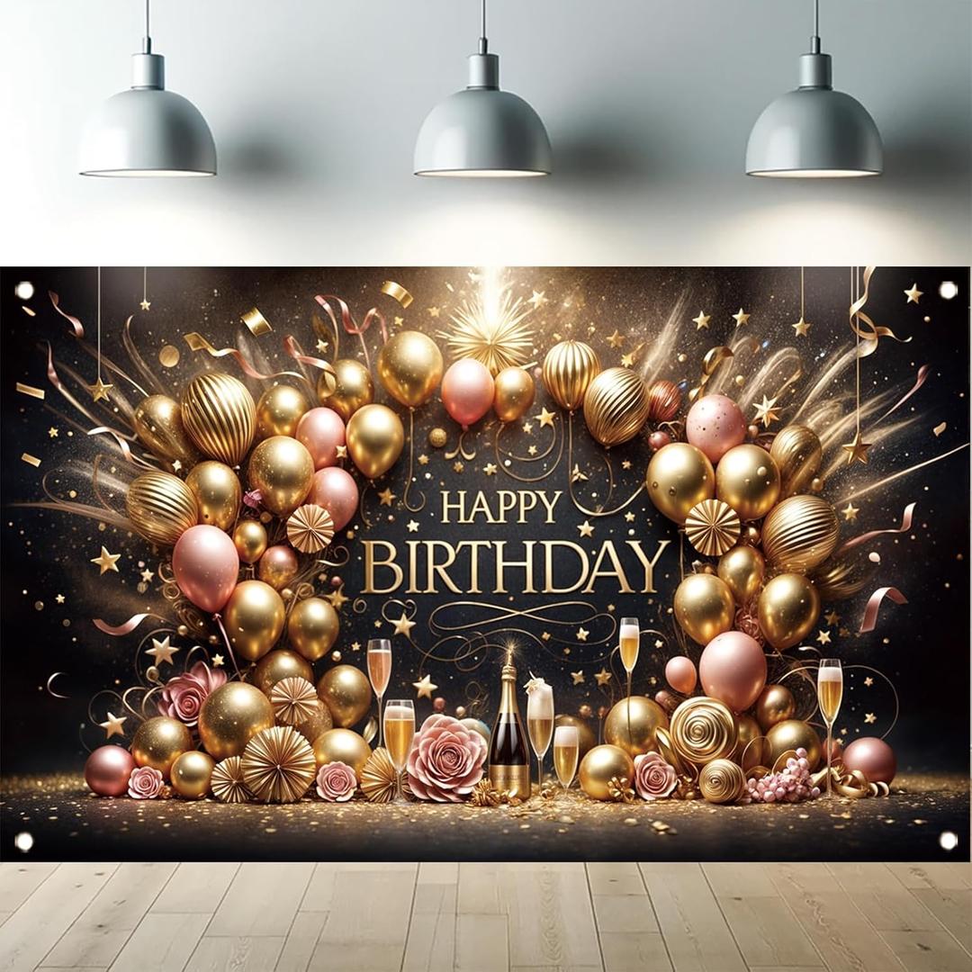Happy Birthday Backdrop Banner Black Gold Banner Floral Party Decoration Elegant Balloon Champagnefor Women Men Birthday Celebration Photography Background Photo Booth 71 x 43 inch
