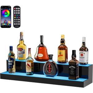 VEVOR LED Lighted Liquor Bottle Display, 2 Tiers 30 Inches, Supports USB, Illuminated Home Bar Shelf with RF Remote & App Control 7 Static Colors 1-4 H Timing, Acrylic Lighted Shelf for 16 Bottles