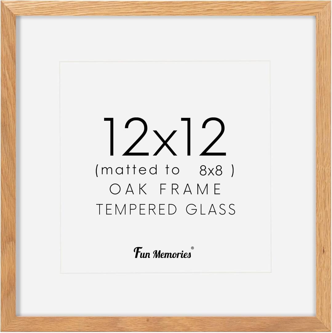 12x12 Picture Frame, Solid Oak Wood 12"x12" Photo Frame for Wall, 12 x 12 Frame Matted to 8 x 8, Square 12x12 Frame, Tempered Real Glass, 12 x 12 Collage Gallery Frames - Natural Oak Color, 1 Pack