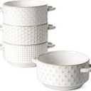 LE TAUCI Soup Bowls with Handles, 20 oz French Onion Soup Crocks, Stackable Soup Bowl Oven Safe for Chili, Beef Stew, Embossment Ceramic Bowl Set - 5.4 Inch, Set of 3, Arctic White