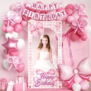 Pink Photo Booth Props for Girls, Pink Bow Birthday Party Decorations, White Balloons, Glitter Banner, Lightpink Themed Party Supplies
