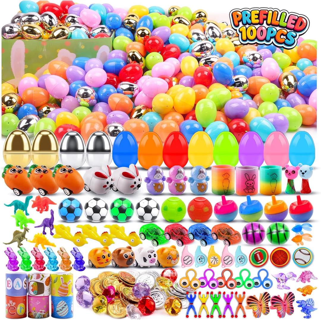 KissFuture 100 PCS Prefilled Easter Eggs with Toys, Easter Eggs Filled for Egg Hunt, Easter Basket Stuffers for Kids, Prefilled Eggs with Toys Inside, Easter Classroom Prize
