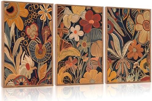 Aurlan Burnt Orange Wildflowers Botanical Wall Art Set(16"x24"), 3 Pieces Abstract Floral Blossom Framed Canvas Artwork, Large Mid Century Modern Boho Nature Wall Decor for Office Bedroom Living Room
