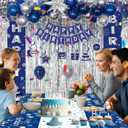 Blue Birthday Decorations for Men Women Boys, Happy Birthday Decorations Navy Blue and Silver, Happy Birthday Banner Balloons Tablecover Fringe Curtain Door Banner, Mens Boy Bday Party Supplies Decor