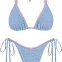 ZAFUL Bikini Sets for Women Halter Two Piece Swimsuit Eyelet Triangle Tie Side Thong Bathing Suit Bowknot Lace Trim Swimwear (X-Small, Blue)