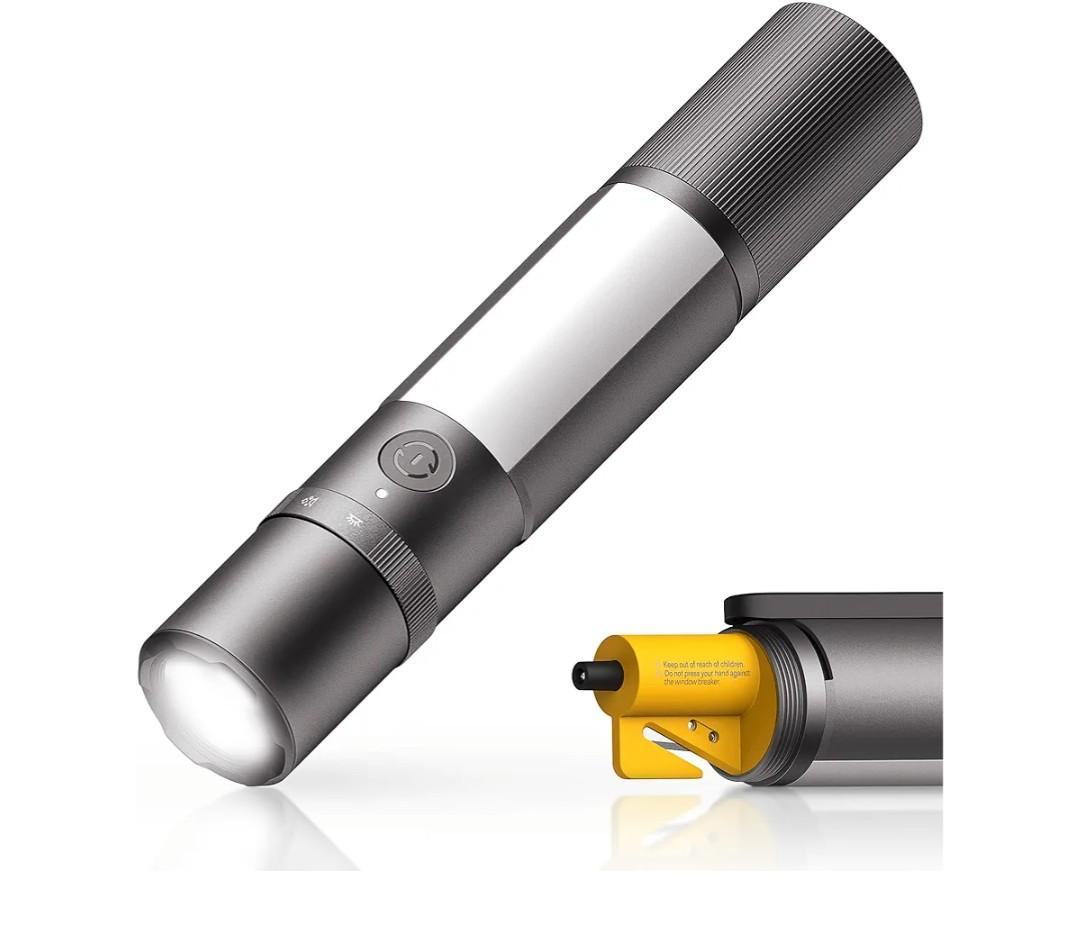 HOTO Emergency Flashlight Rechargeable, Magnetic LED Flashlight High Lumens with Window Glass Breaker Seatbelt Cutter, Zoomable Car Work Flash Light for Car Repair, Camping, Emergency