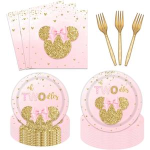 96 PCS Cartoon Mouse 2nd Plates and Napkins Party Supplies Girls Oh Twodles Mouse Happy 2nd Birthday Tableware Set Two Years Old Birthday Dinnerware Party Decorations Serve 24 Guests