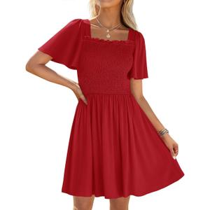 ZESICA Women's 2025 Summer Casual Mini Dress Flutter Short Sleeve Square Neck Smocked Tiered Ruffle Flowy Dresses (Medium)