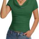 Women's Cowl Neck Tops Short Sleeve Slim Fit Ruched T-Shirts Summer Casual Dressy Business Blouses Going Out Top Green (Green, M)