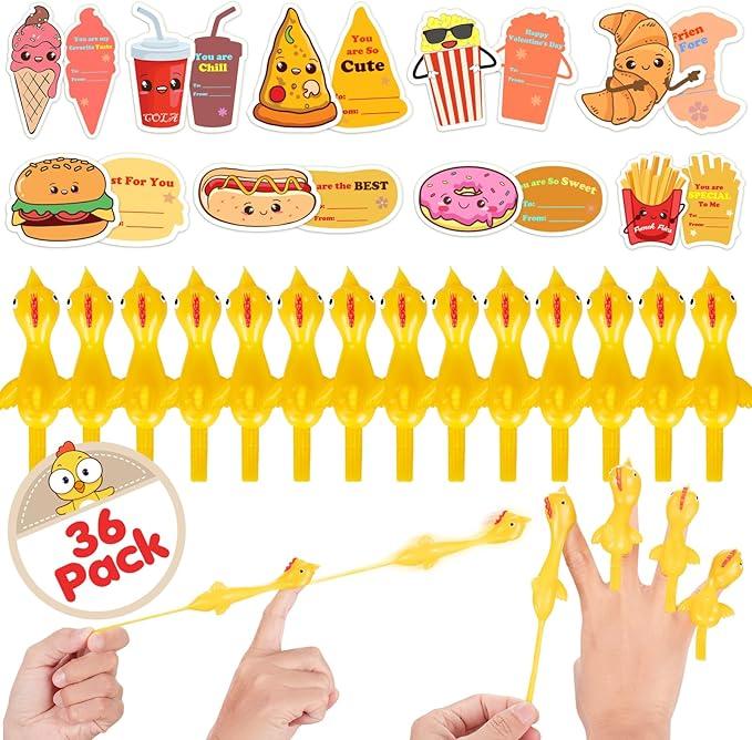Valentines Day Gifts for Kids, 36 Pack Valentines Cards for Kids School with Slingshot Chicken Toys, Finger Toy for Boys Girls,Valentines Classroom Exchange Gift for Party Favors