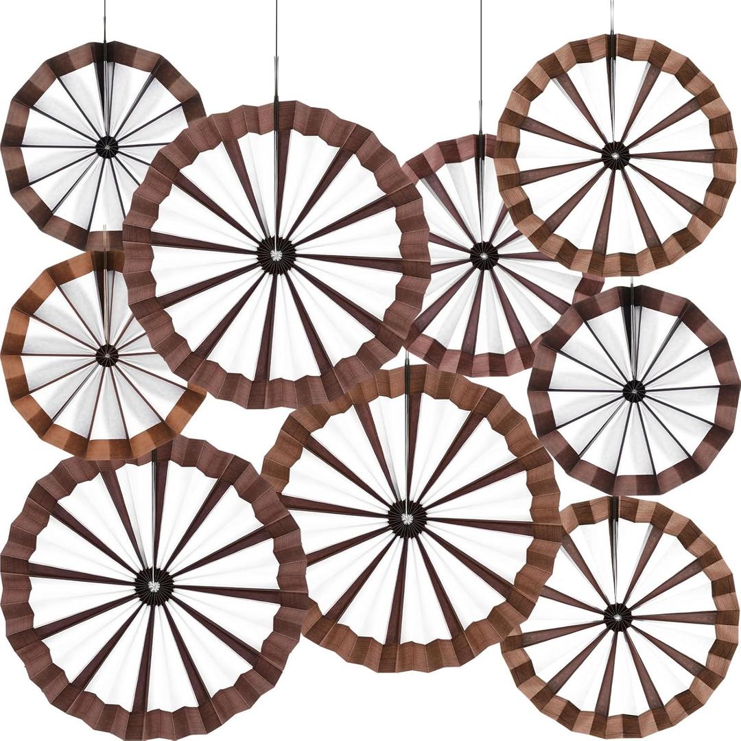 Outus 9 Pcs Western Cowboy Party Decorations Paper Fans Wagon Wheels Straw Hay Bales Hanging Ceiling Wall Decor for Country Western Themed Rodeo Farm Birthday Party Supplies (Wagon Wheels)