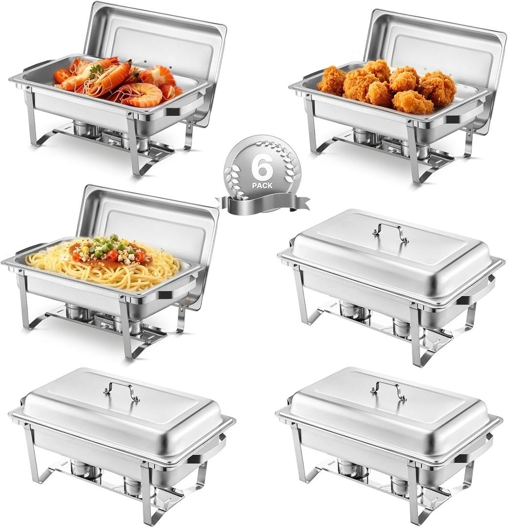 VEVOR Chafing Dish Buffet Set, 8 Qt 6 Pack, Stainless Chafer with 6 Full Size Pans, Rectangle Catering Warmer Server with Lid Water Pan Folding Stand Fuel Holder Tray Spoon Clip, at Least 8 People Each