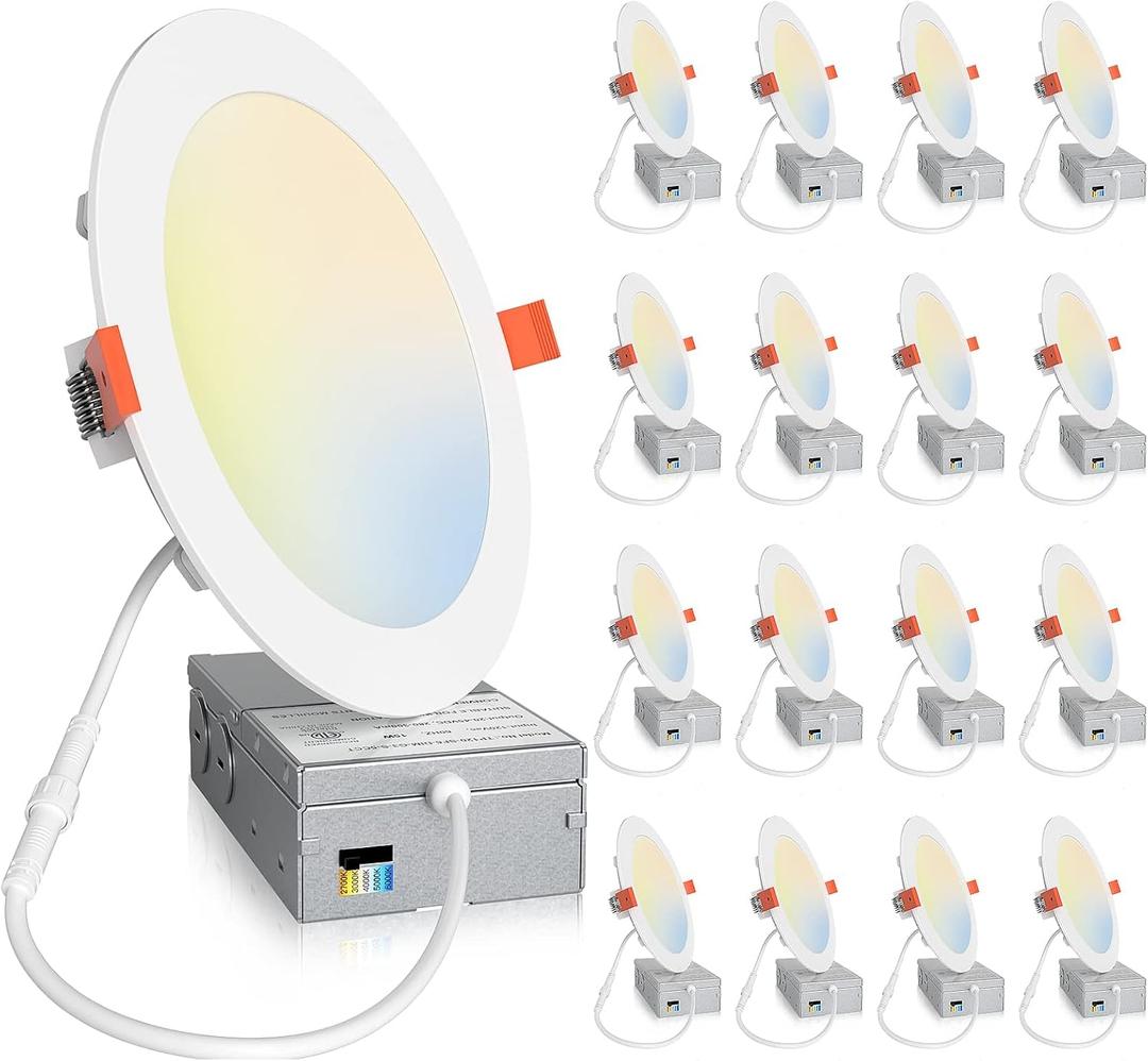 Amico 16 Pack 6 Inch 5CCT Ultra-Thin LED Recessed Ceiling Light with Junction Box, 2700K/3000K/4000K/5000K/6000K Selectable, Dimmable Can Light, 1200LM High Brightness Downlight,15W Eqv 130W,ETL