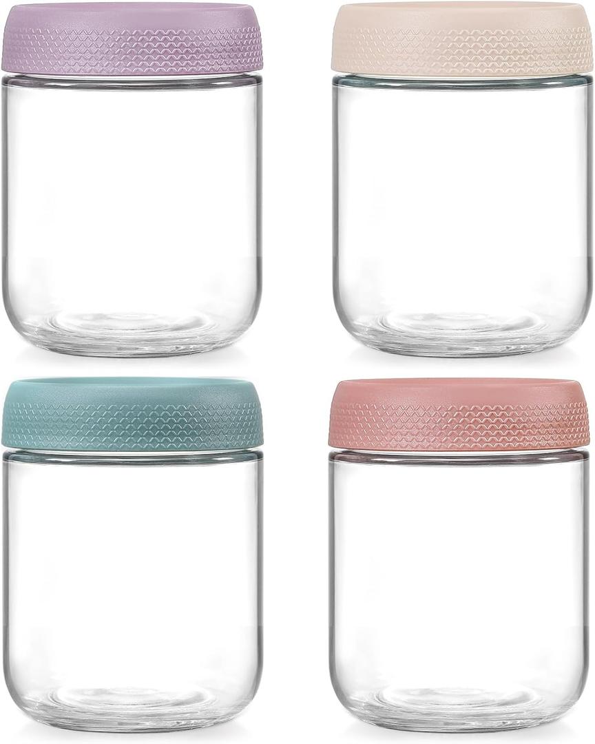 NETANY 4-pack 16oz Glass jars with Airtight Lids, Overnight Oats Containers with Lids, Wide mouth Mason Salad jars, Glass Food Storage Containers for Snacks Yogurt Spice Sugar (4 Colors)