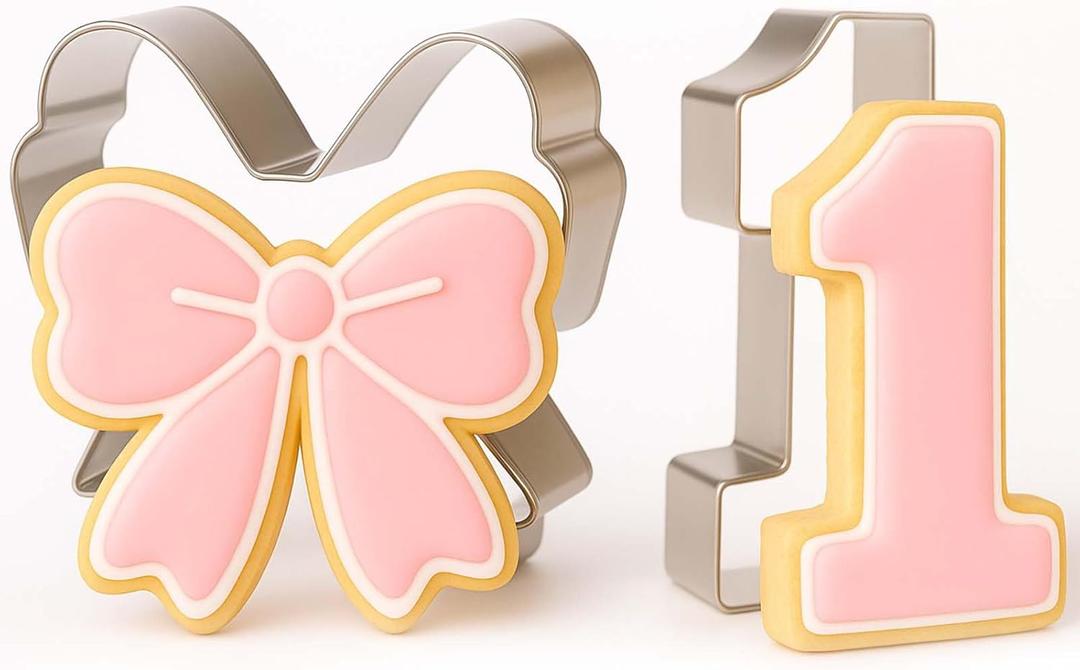 Honeydak Pink Bow Birthday Party Supplies 2 Pcs 5 Inch Bow Cookie Cutter Number One Cookie Cutter Baking Mold Metal Sandwich Pancake Fondant Cake Mold First Birthday First Anniversary Wedding Party