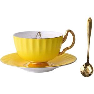 Bone China Cup and Saucer Set Ceramic Tea Coffee Cup for Breakfast Afternoon Tea - Butterfly and Elegance Series (Yellow)