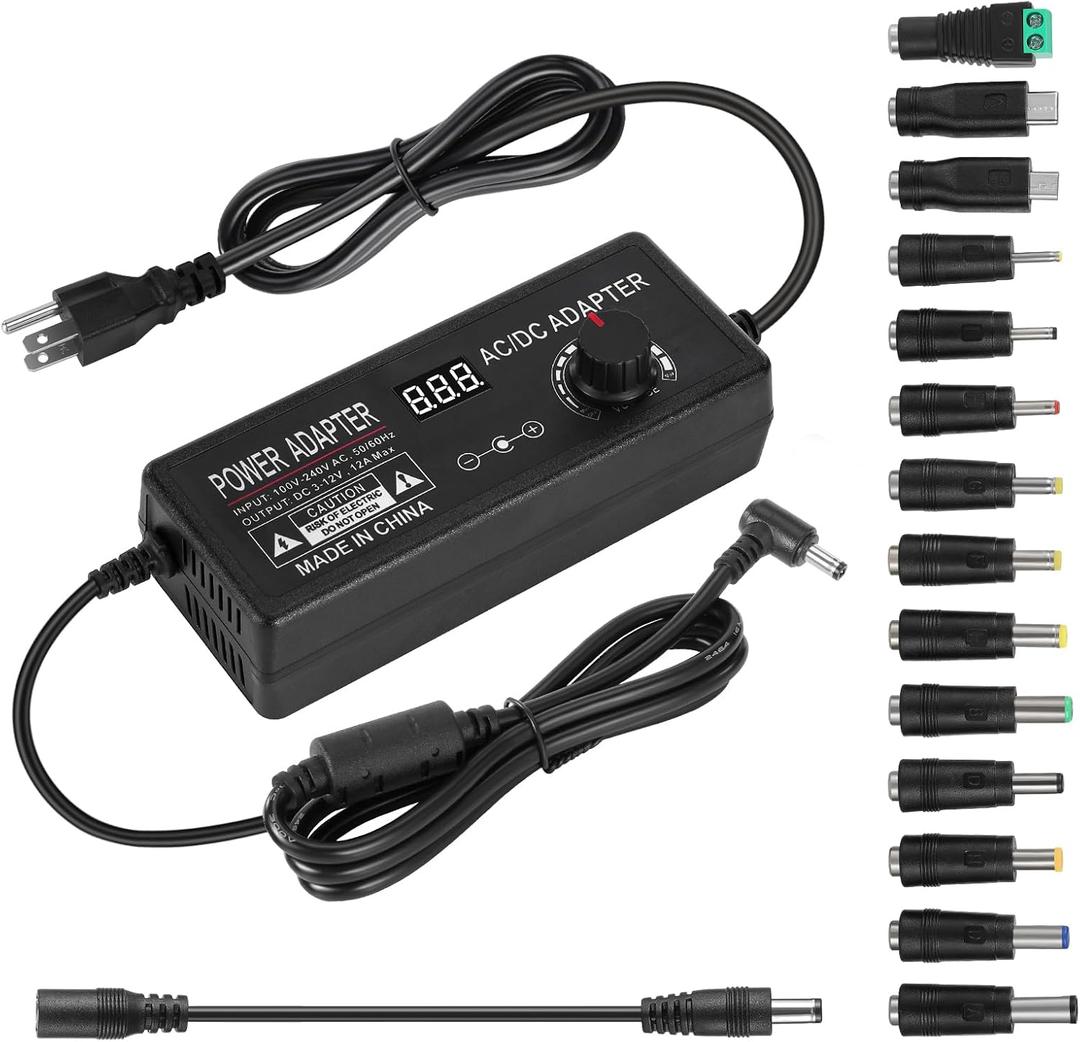 Universal Power Supply Adjustable 3V~12V 12A 144W Variable Switching Power Adapter,3V 4V 5V 6V 7V 8V 9V 10V 11V 12V, Variable DC Power Supply with 14 Tips & Polarity Converter for LED Strip Light Router