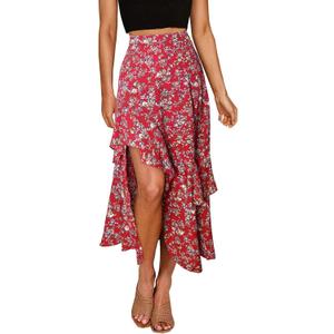 BTFBM Women 2025 Summer Fall Boho Long Skirts Dress Floral Print Elastic Waist Split Ruffle High Low Beach Maxi Skirt (Red, S)