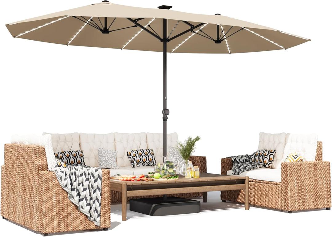 15FT Large Patio Umbrella (No Base, Beige-with Light)